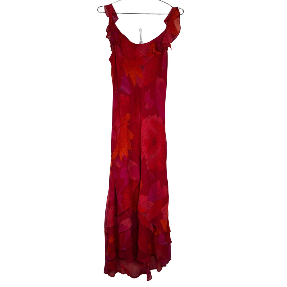 Vintage Red Floral Ruffle Maxi Dress Romantic Boho Wedding Guest Dress Large